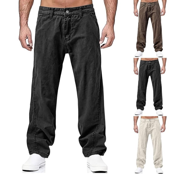 BXSRUTA Men's Solid Color Elastic Waist Straight Leg Casual Pants with Pockets, Breathable Nylon Spandex, Sizes S-5XL