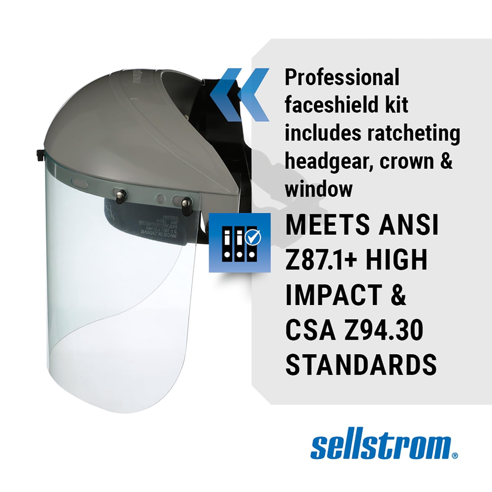 Sellstrom Advantage Face Shield - Lightweight Mask with Crown & Ratchet Headgear, for Work, Grinding, Cutting - ANSI Z87.1 - Clear Uncoated Polycarbonate Window CA2