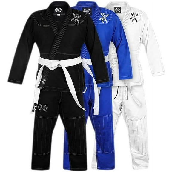 FightX Kids Jiu Jitsu Gi for Childs Brazilian Lightweight Suit BJJ with Free Belt Professional Martial Arts BJJ Gi is in 3 Colors & Adjustable Sizes to Fit Your Child Perfectly (Blue, K0)