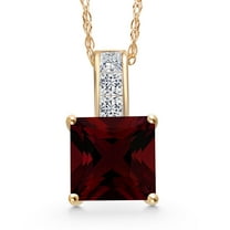 Gem Stone King 14K Yellow Gold Red Garnet and White Lab Grown Diamond Pendant Necklace for Women | 1.25 Cttw | Gemstone January Birthstone | Princess 6MM | With 18 inch Chain