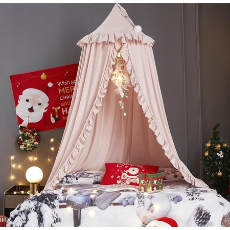 Bed Canopy for Girls Princess Round Dome Dreamy Mosquito Net Bedding Girls Room Castle Play Tent Hanging House Decor Reading Nook Canopies (Beige Pink)