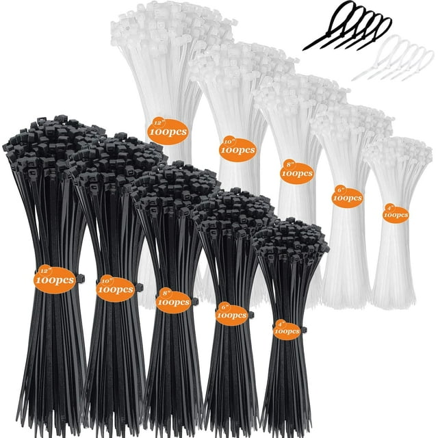 Cinchos de Plastico Autobloqueantes, Bridas de Plastico para Electricidad, Cintillos de Plástico Nylon para Oficina, Hogar, Exteriores (Blanco+Negro)