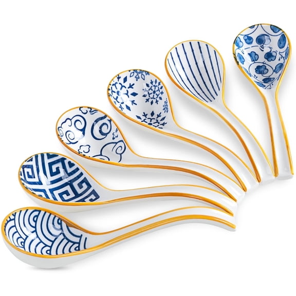 Soup Spoons Set of 6, Soup Dumplings Asian Soup Spoon Set Non-Slip Bottom Japanese Spoons for Ramen Chinese Wonton, Dumplings, Pho, Noodle Soup Spoons