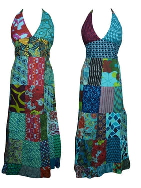 Mogul Bohemian Gypsy Chic Maxi Dress Blue Green Patchwork Cotton Printed Comfy Summer BEach Coachella Long Dress