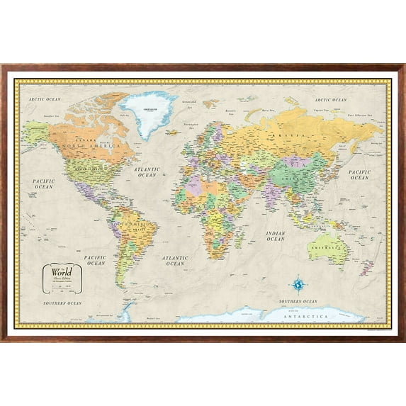 32x50 RMC World Classic Push-Pin Travel Wall Map Foam Board Mounted or Framed (Framed Black)