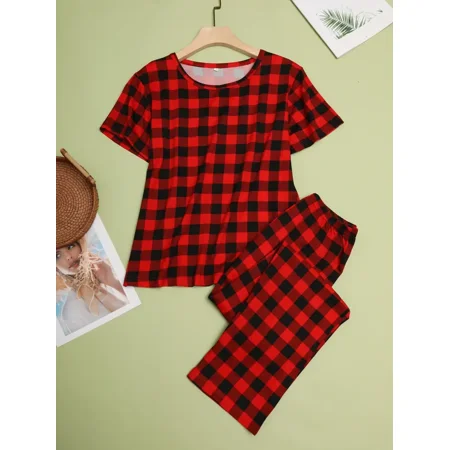 

Casual & Comfy Plaid Pajama Set Short Sleeve Round Neck Top & Pajama Pants Women‘s Sleepwear & Loungewear
