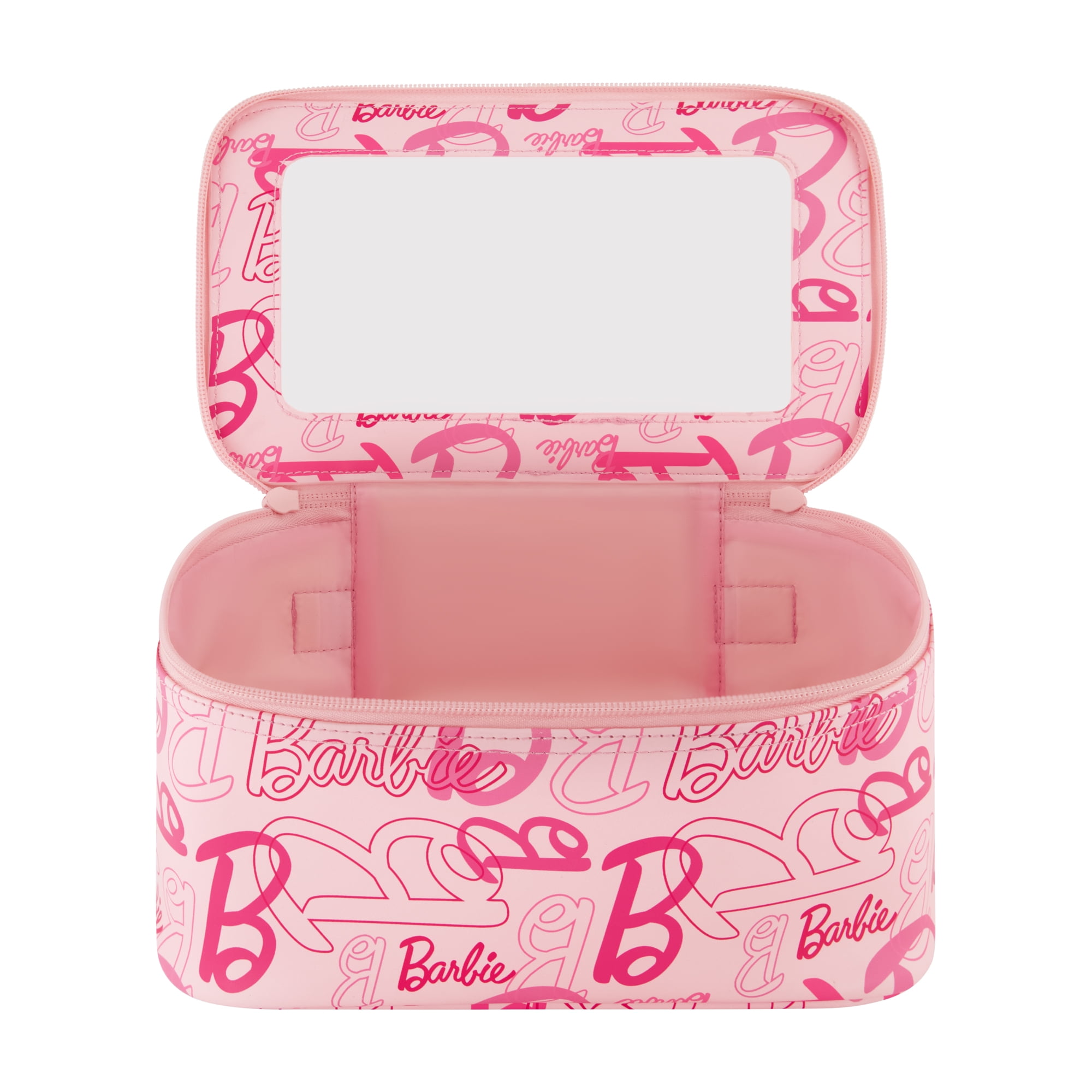 Barbie 2-Piece Women's Makeup Bag, Two Zipper Travel Cosmetic Zipper Pouch Organizer with Logo, Pink