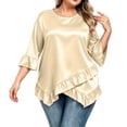 thumbnail image 2 of Lmueinov Womens Satin Summer Tops Plus Size 3/4 Length Sleeve Ruffle Hem Shirts Crew Neck Solid Flowy Casual Trendy Fall Going Out Tops for Women S-5XL, 2 of 4