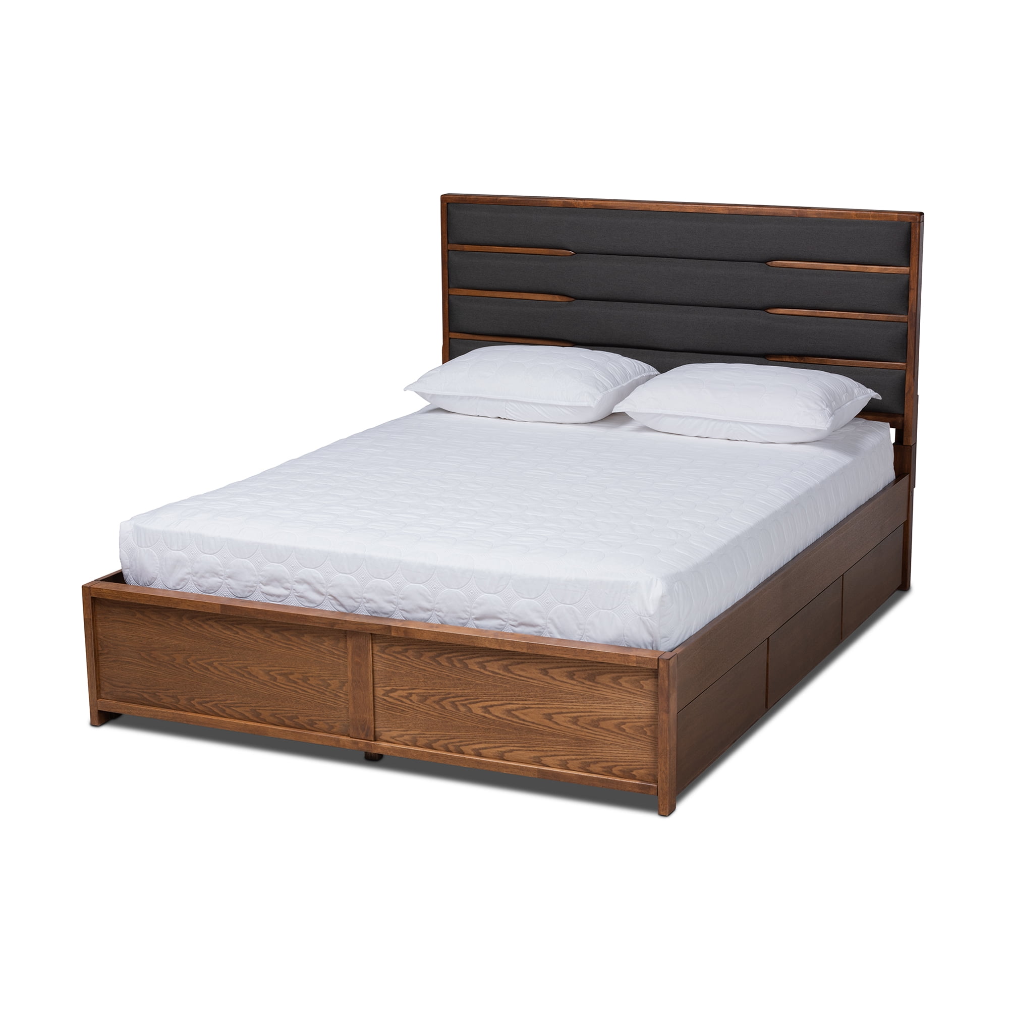 Baxton Studio Elin Modern and Contemporary Dark Gray Fabric Upholstered Walnut Finished Wood Queen Size Platform Storage Bed with Six Drawers