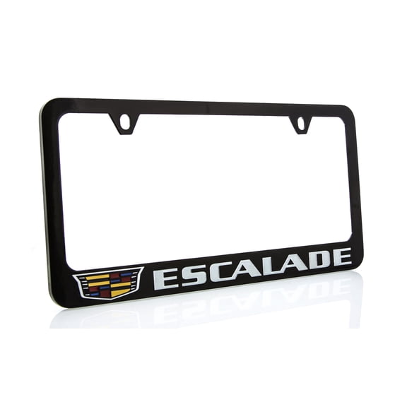 Escalade with Crest Zinc License Plate Frame with Glossy Black Finish (2 hole)
