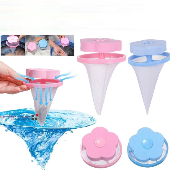 2-Pack Reusable Floating Laundry Lint Catcher, Pet Hair Remover for Washing Machine, Mesh Filter Traps Fur Hair Dirt, Blue and Pink