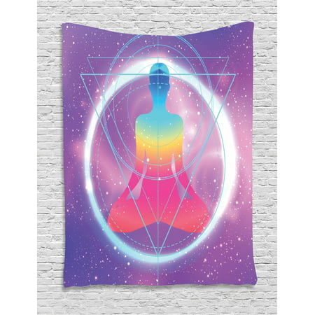 Indie Tapestry, Human Silhouette Lotus Position Triangles Circles Galaxy Meditation Yoga, Wall Hanging for Bedroom Living Room Dorm Decor, 40W X 60L Inches, Purple Light Blue Pink, by