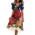 thumbnail image 2 of Casual Summer Dresses for Women 4th of July American Flag Short Sleeve Wrap V Neck Tie Waist A-Line Flowy Midi Sundress, 2 of 6
