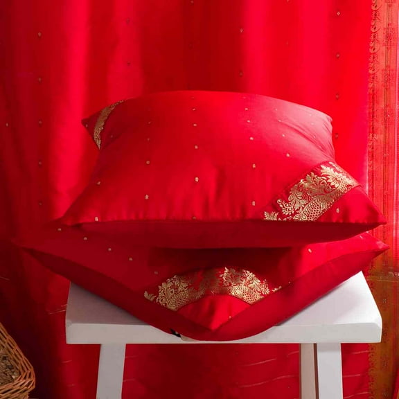 Fire Brick- 2 handcrafted Sari Cushion Cover, Throw Pillow Case 24" X 24"