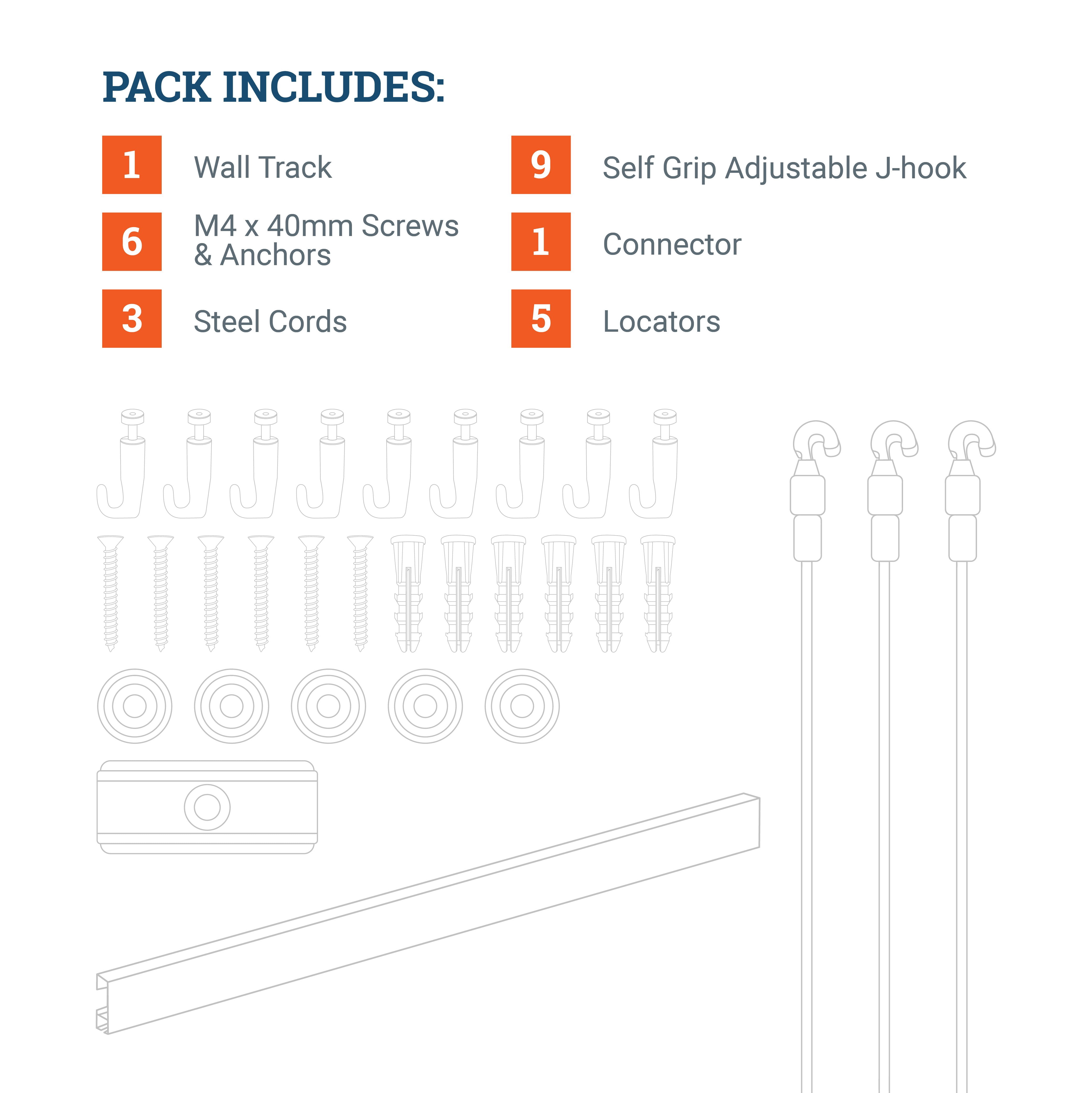 Picture Hang Solutions - Track 100 Picture Rail Kit - Includes 79-inch Wall Track, Steel Cords, Adjustable Hooks, and Hardware - Gallery Hanging Systems (3 sets per pack)