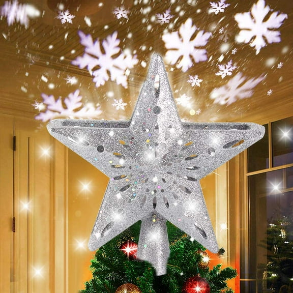 Rosnek Christmas Tree Topper Lighted with Snowflake Projector, 3D Glitter Lighted Star Tree Topper for Christmas Tree Decorations
