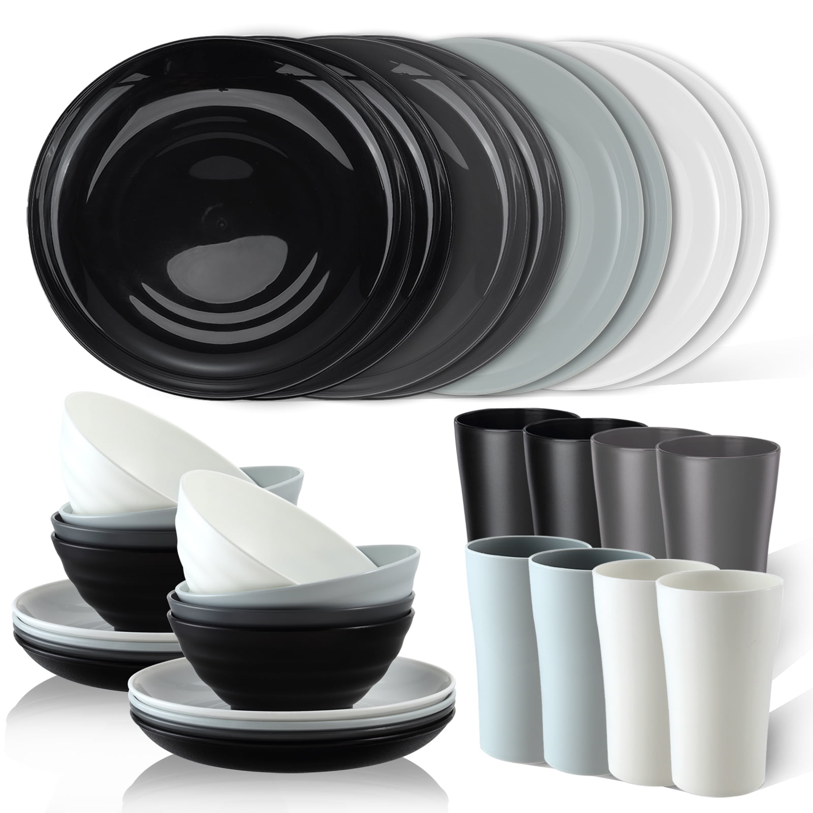 Bestdin Dinnerware Set for 8, 32 Pack 4 Colors Plastic BPA-Free Dinner Plates, Salad Plates, Cereal Bowls, Cups, Unbreakable Plates and Bowls Sets, Microwave and Dishwasher Safe