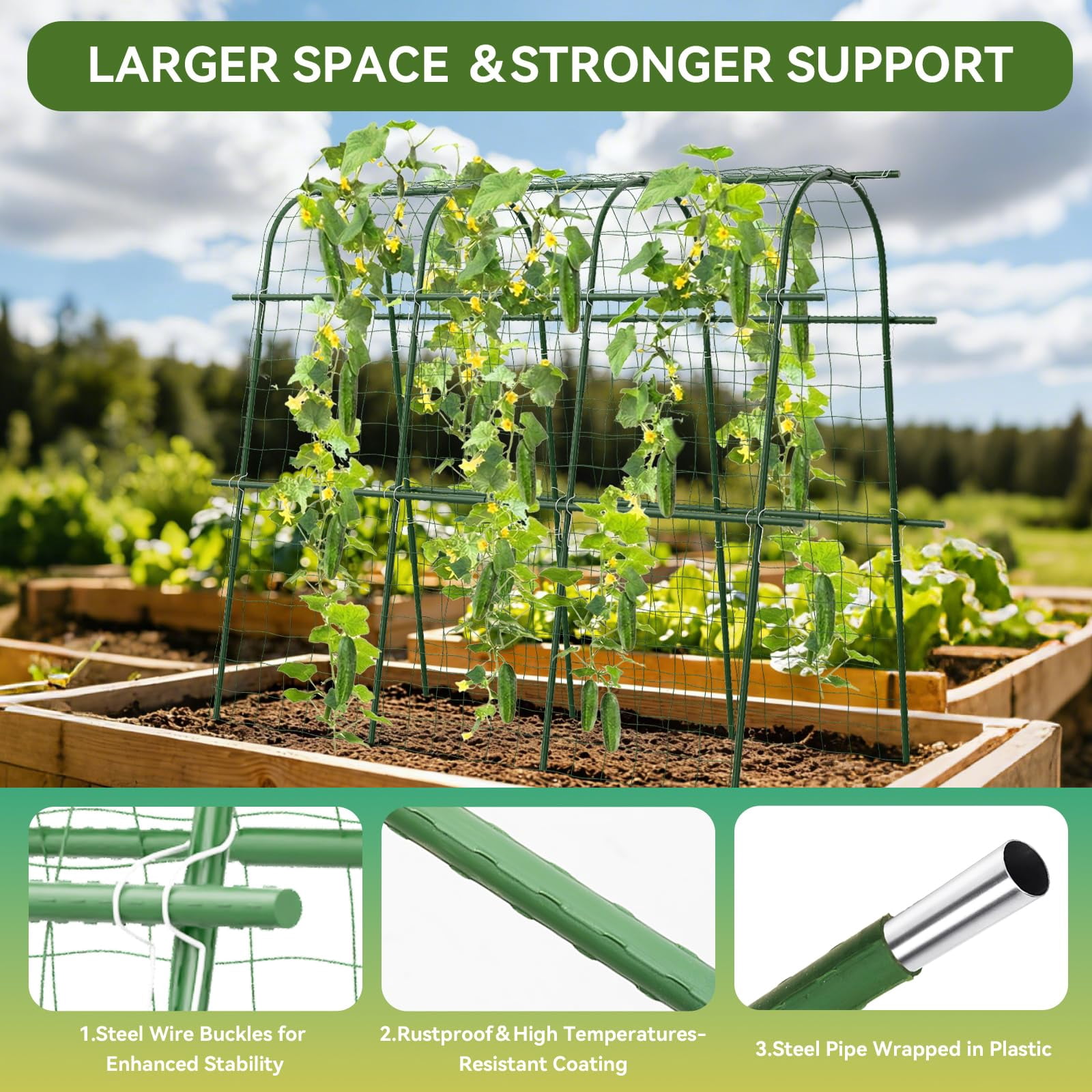 65"*48" Cucumber Trellis For Raised Bed  U-shape Garden Climbing Plants Outdoor Metal Arch Vegetables Detachable Plant Support Tomato Squash