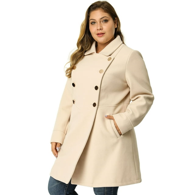 GRACE & GRANDEUR Women's Plus Size Turn Down Collar Double Breasted Long Overcoat