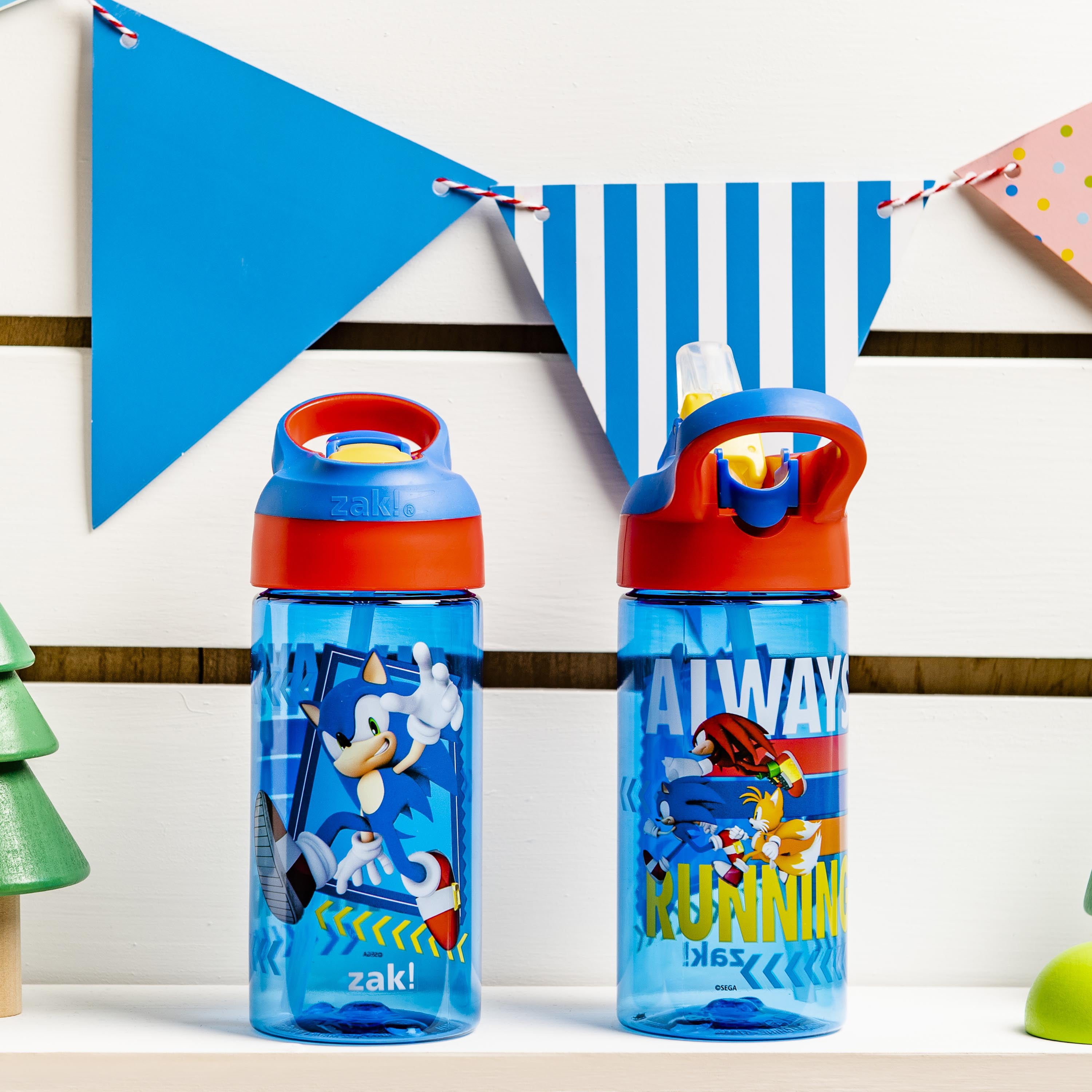 Zak Designs 17.5oz Sonic the Hedgehog Kids Water Bottle with Spout Cover and Built-in Carrying Loop, Made of Durable Plastic, Leak-Proof Design for Travel (17.5 oz, Pack of 2)