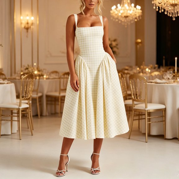 Ovbmpzd Sexy Summer Dresses for Women 2026 Bodycon Maxi Cocktail Yellow Dresses Sleeveless Square Neckline Casual Dresses Dresses,L