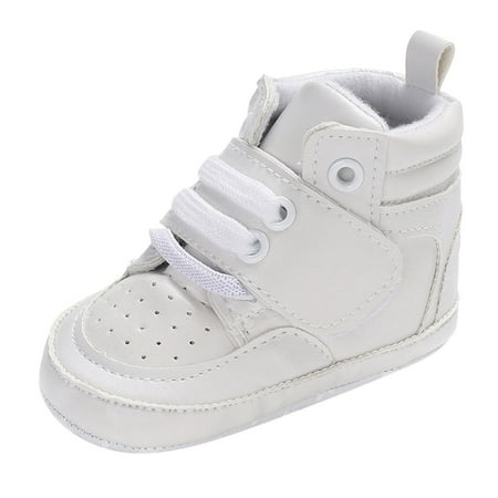 Yindaity Toddler Boys Girls High Tops Ankle Sneakers  Soft Anti-Slip Sole PU Leather Moccasins - Prewalker First Walking Crib Shoes (White 12-18 Months)
