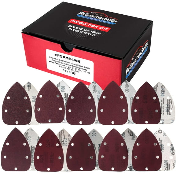 ProductionShop Premium 5-Hole Pattern Mouse Detail Sander Sandpaper Sheets, 50 Disc Variety Pack, Grits 40, 80, 100, 120, 180, 220, 320, 400, 600, 800 - Hook & Loop Disc Pads - Woodworking Furniture