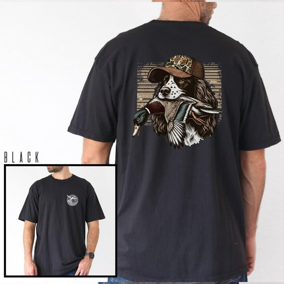 Hunting Dog & Duck Graphic T-Shirt – Retriever Dog with Mallard & Camo Hat Tee (Front & Back Design)