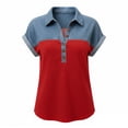 thumbnail image 5 of ClodeEU Women's Notch Collar Patchwork Denim Short Sleeve Shirt ,Trendy Casual Blouse Red,Womens Plus M, 5 of 5