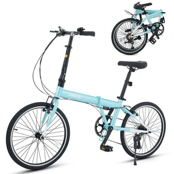 VIRIBUS 20" Adult Folding Bike 7 Speed City Commuter Bicycle with Self Locking Latch Mint