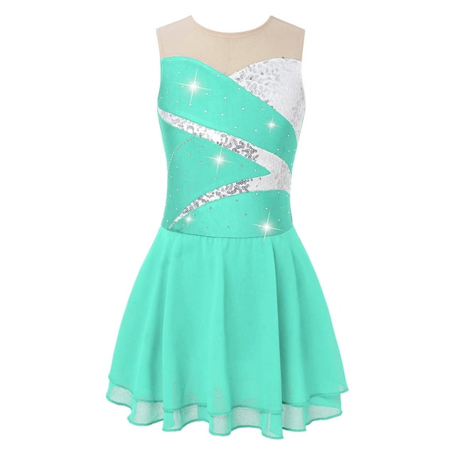 Yartina Kids Girls Figure Skating Dress Sleeveless Shiny Rhinestones Mesh Spliced Ballet Dance Performance Costume Light Green 10