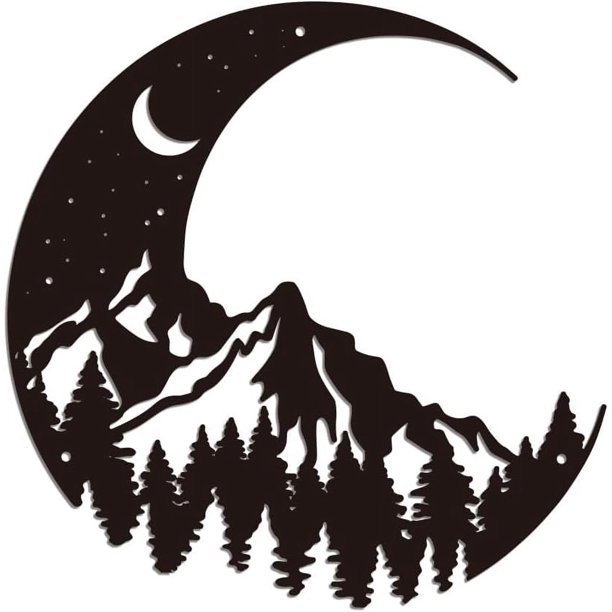 Decoraciones de pared de hierro con luna y montañas, decoración de pared de metal negro, esculturas de pared con escena nocturna de montañas para el hogar, cocina, patio, dormitorio, sala de estar,