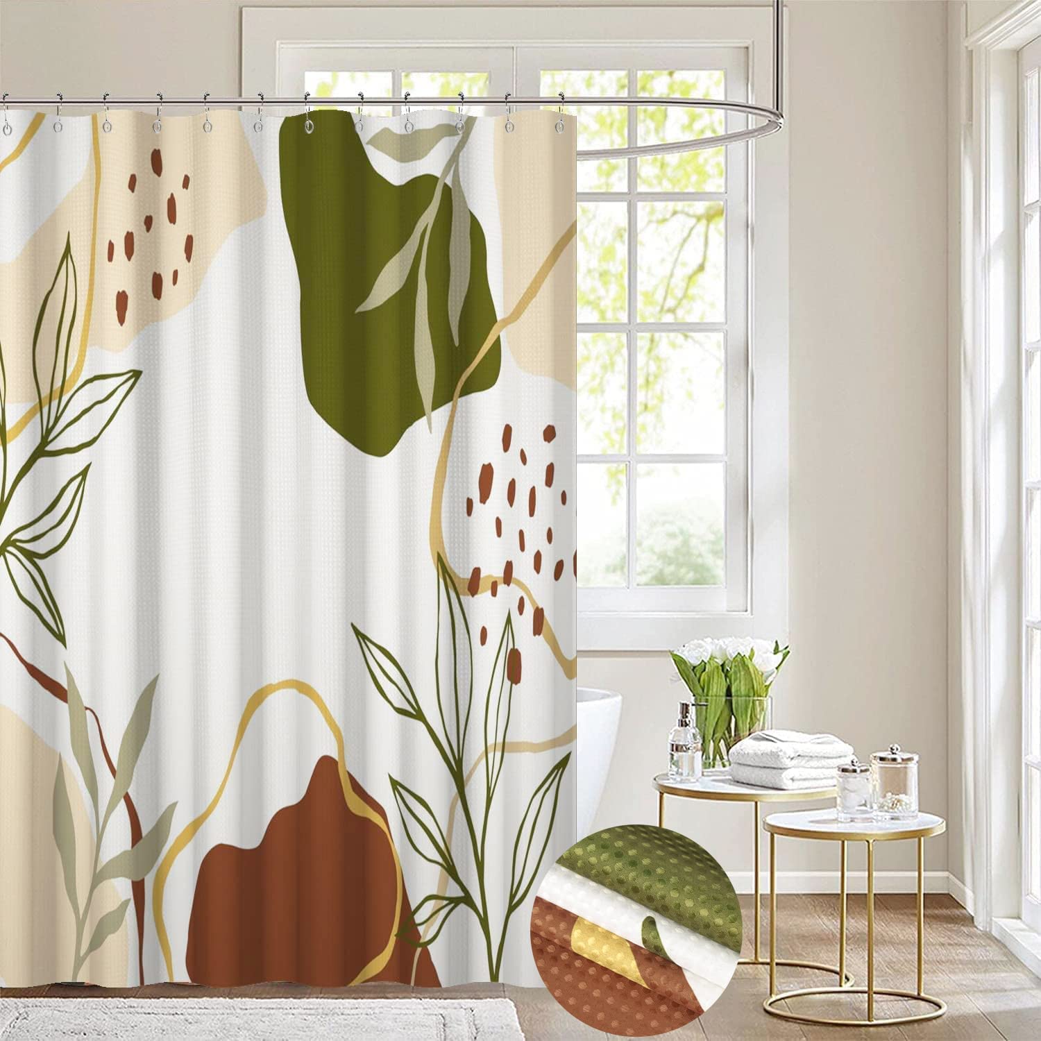 Boho Leaf Waffle Shower Curtain, Weighted Bottom Boho Tropical Leaves