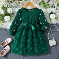 thumbnail image 2 of MEZZALL Dresses Girls Long Sleeve Dress With 3D Floral Pearl Elegant Solid Color Party Dress For Toddler Kids Versatile Child Crew Neck Solid Color Sundress, 2 of 9
