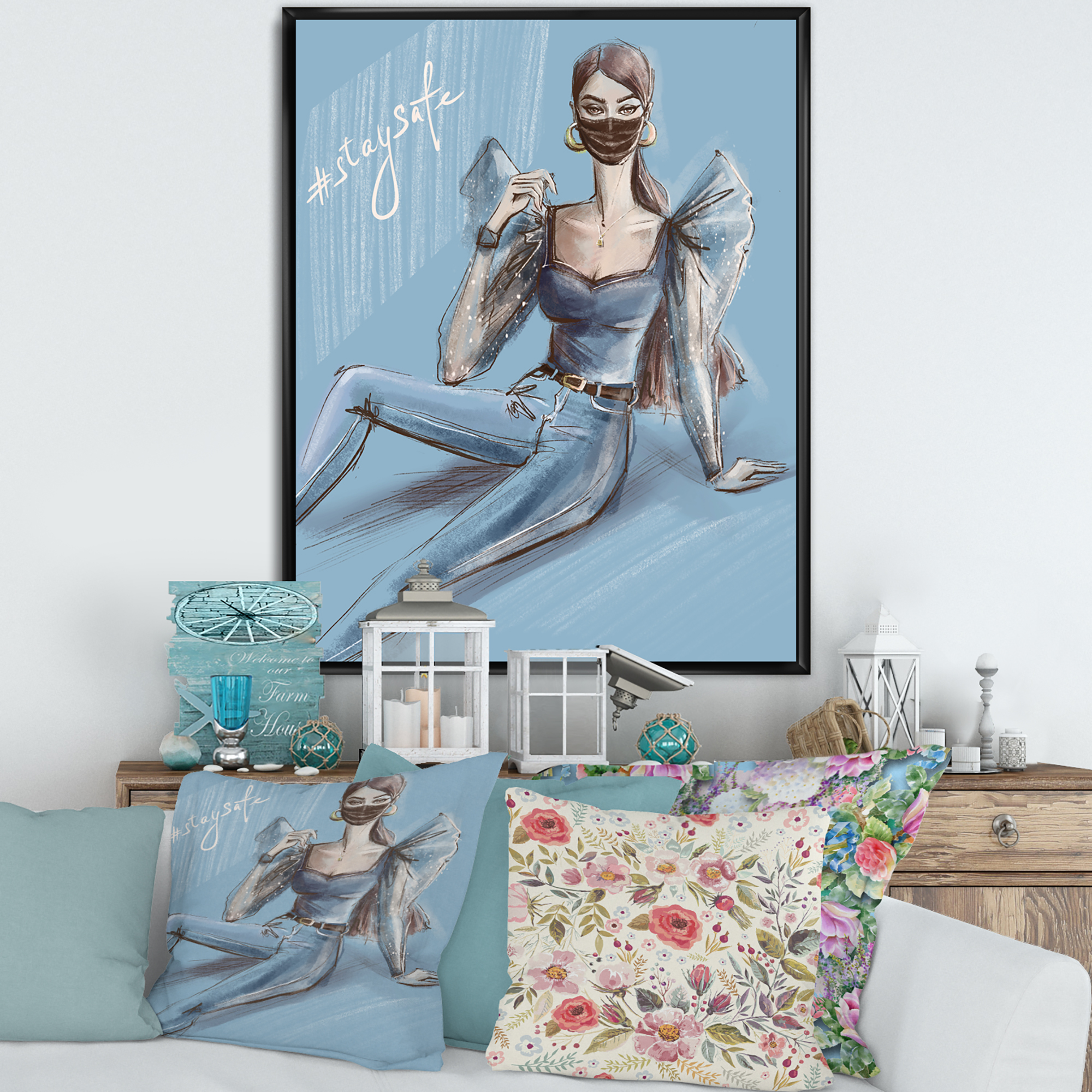 Designart 'Stylish Beautiful Woman Wearing Medical Mask' Traditional Framed Canvas Wall Art Print
