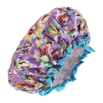 1 Pc Women Double Layer Flowers Shower Cap for Bathroom Vacation Travel Purple Satin PEVA