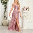 thumbnail image 3 of Womens Sequin Floral Printed Prom Dresses Sleeveless Straps Side Split Formal Evening Maxi Dress, 3 of 4