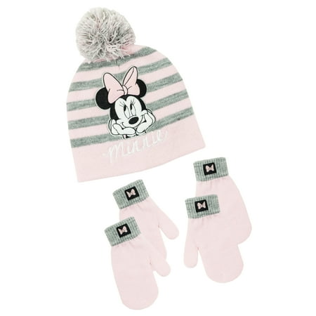 Infant Toddler Girl's Minnie Mouse Hat and 2 Pair Mitten Set