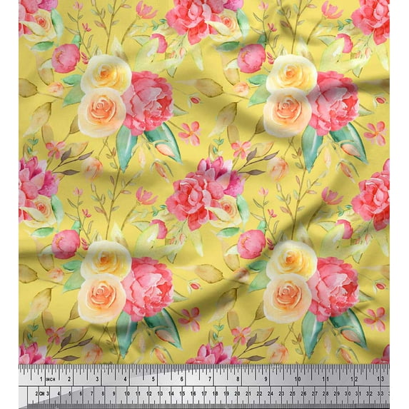 Soimoi Yellow Cotton Cambric Fabric Leaves & Ranunculus Floral Print Fabric by the Yard 56 Inch Wide