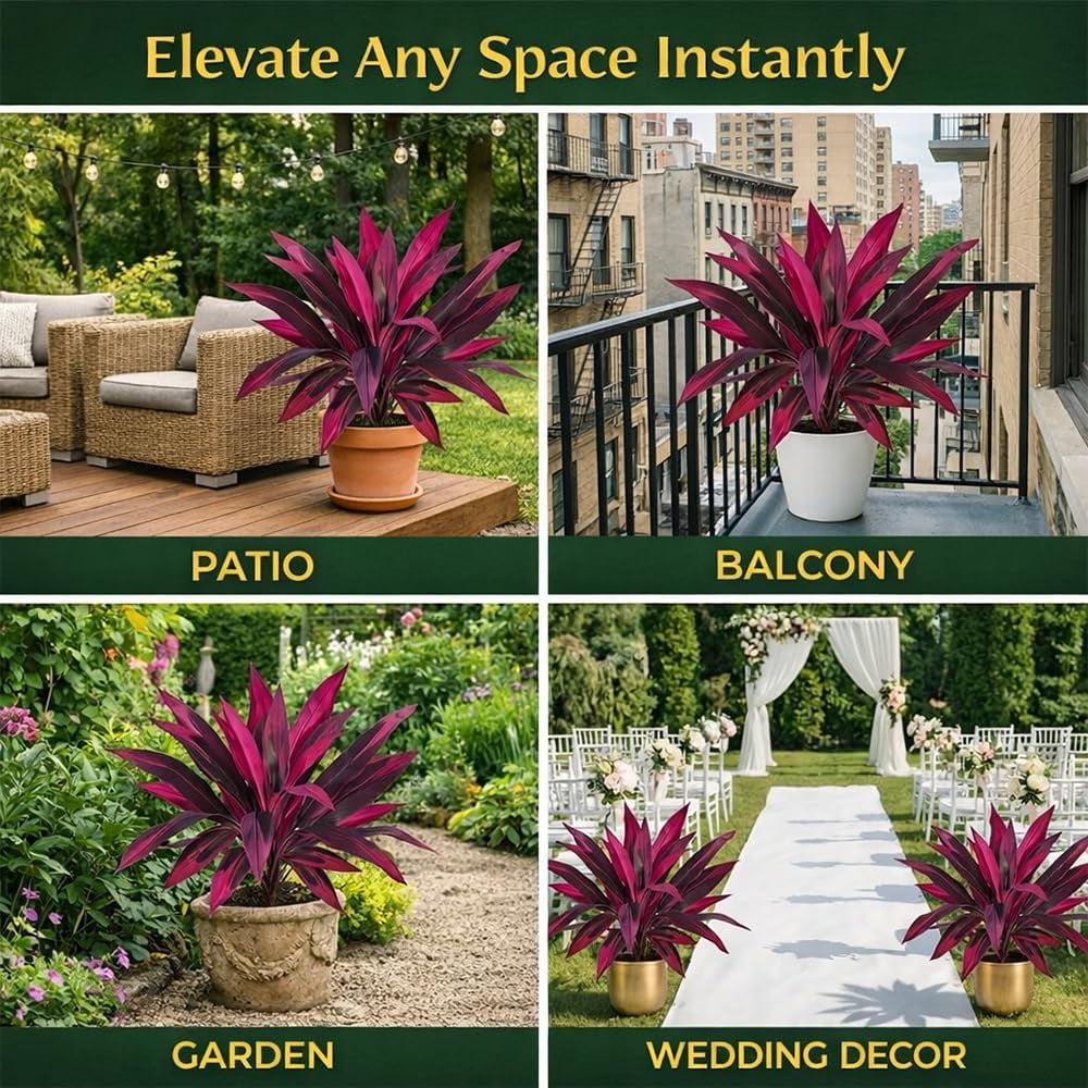 Large Realistic Artificial Boston Fern & Dragon's Blood Tree Artificial Turf UV Resistant Red Cordyline Ti Plants Red/Pink Vibrant Purple Leaves Faux Fake Ferns Shrubs Outdoor Garden Decor
