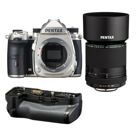 Pentax K-3 Mark III APS-C-Format DSLR Camera, Silver with Pentax HD DA 55-300mm f/4.5-6 .3 ED PLM WR RE Telephoto Zoom Lens with Pentax D-BG8 Battery