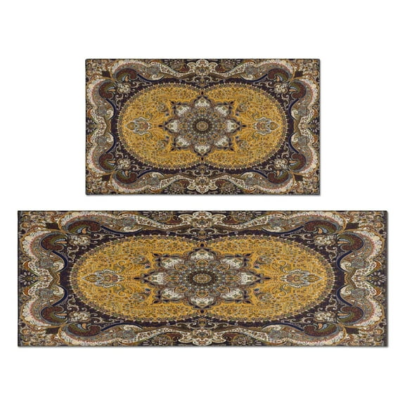 Farmhouse Brown Boho Rugs and Mats Non Skid Washable Absorbent Microfiber Soft Kitchen Mat for Floor Set Of 2 Decor Stain Resistant 17"x47" 17"x30"