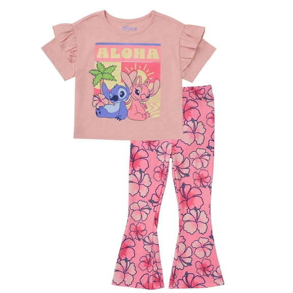 Disney Lilo & Stitch Outfits for Girls Short Ruffle Sleeve Shirt & Stretch Flare Leggings for Toddler (Peach, 2T)