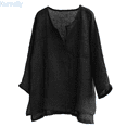 thumbnail image 2 of Kureaily Men's Casual Linen Cotton Tops Baggy Solid Color Long Sleeve Tee Summer Loose V-Neck Shirt, 2 of 8