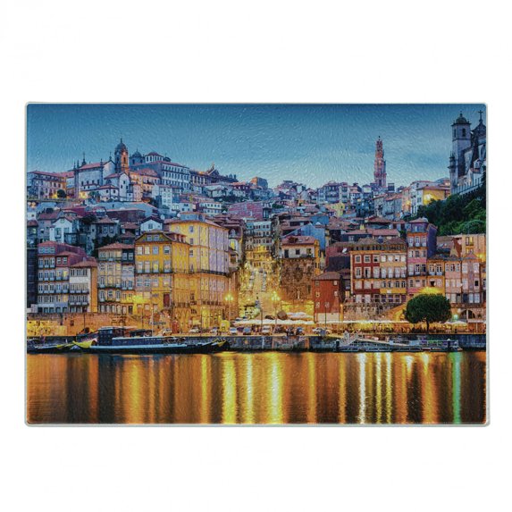 European Cutting Board, Medieval Town Coast Portuguese Porto Old City Historical Twilight Scenery, Decorative Tempered Glass Cutting and Serving Board, Small Size, Ginger Pale Blue, by Ambesonne