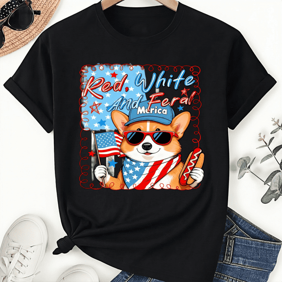 4th of july Red White And Feral Corgi Merica Unisex T-Shirt Suitable for Men and Women