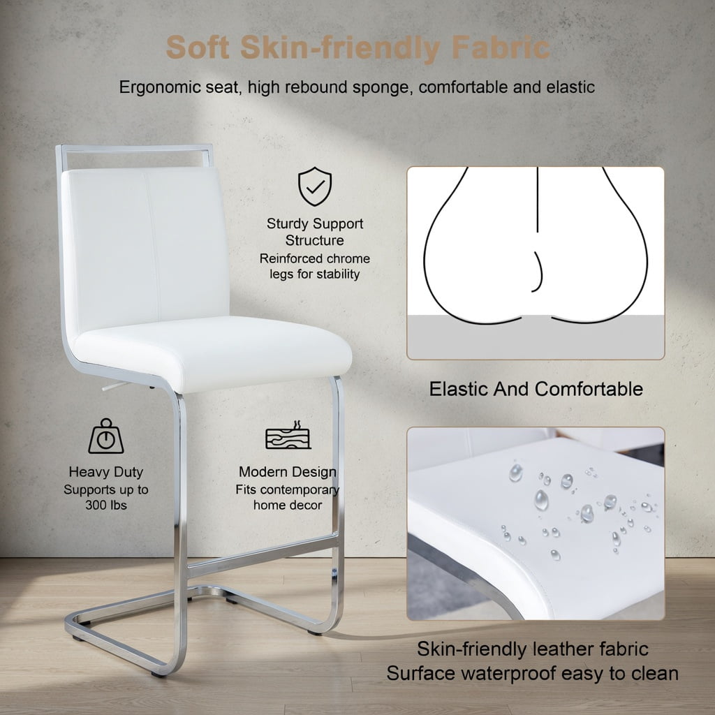 Hommoo Modern PU Leather Bar Stools with Silver C-Shaped Metal Legs, 42.5 in Tall Counter Height Chairs for Kitchen, Dining Room, Home Bar & Patio, White
