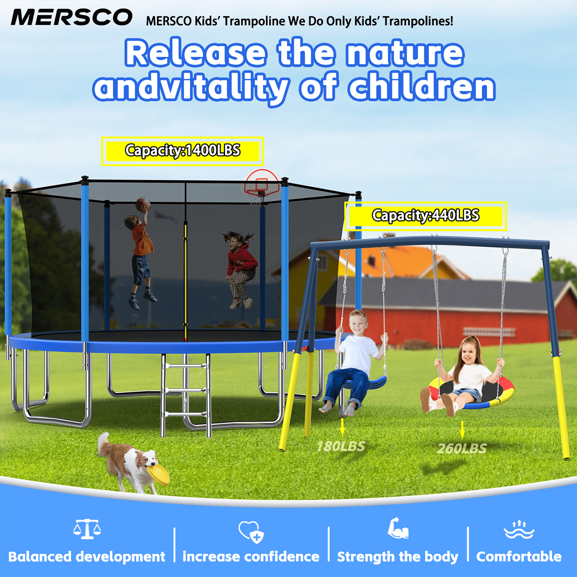 Mersco 14FT Heavy Duty Trampoline with Enclosure Net , Slide Outdoor Big Trampoline for Backyard,Kids Trampoline with Basketball Hoop,Birthday and  Holiday Gifts for Kids,Green