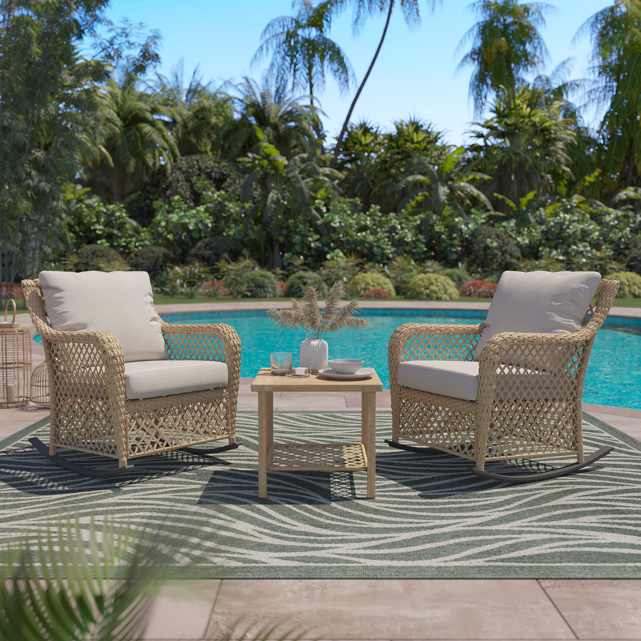 HOMETRENDS Belmont Steel Outdoor Rocking Chair with Cushions, Oatmeal