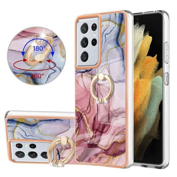 Compatible with Samsung Galaxy S21 Ultra Case, Fantastic Marble Patterned Phone Case Anti-Scratch Slim Hybrid Hard Plastic Bumper Soft Silicone TPU with Ring Kickstand Bumper Shockproof Cover,Rose